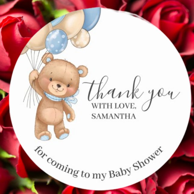 Sticker Rond Ballons d'ours en peluche Anniversaire Merci bleu  (Express heartfelt thanks with our Teddy Bear Balloons Birthday Thank You Blue Boy Sticker)