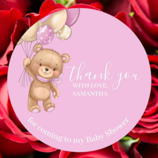 Sticker Rond Ballons d'ours en peluche PInk Merci (Express gratitude with our Teddy Bear Balloons Pink Thank You sticker)