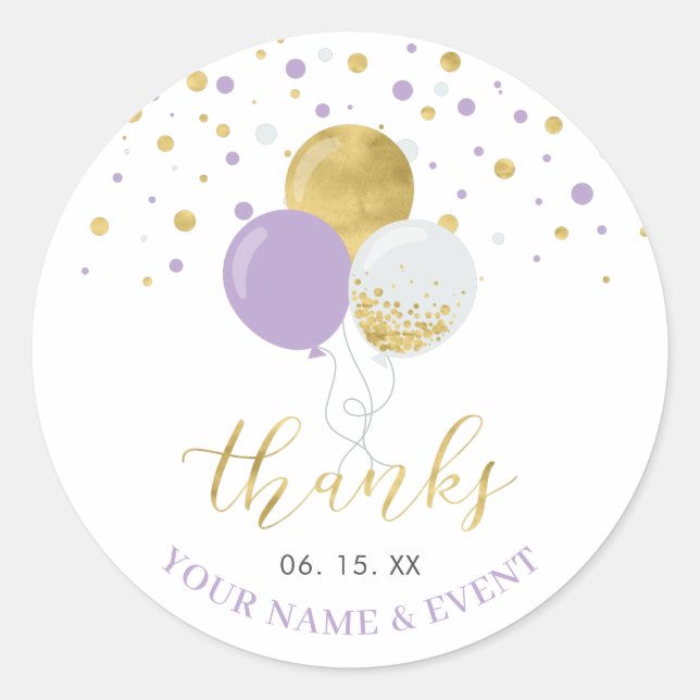 Sticker Rond Ballons Gold & Purple | Parti Favoriser Merci (Devant)