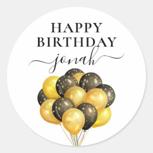 Sticker Rond Ballons Noir Or Personnalisé Joyeux anniversaire