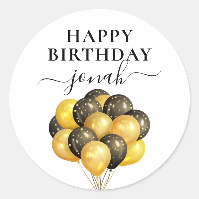Sticker Rond Ballons Noir Or Personnalisé Joyeux anniversaire (Devant)