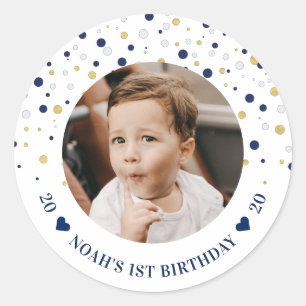 Sticker Rond Ballons Or & Bleus   Photo pour 1ère Fête d'Annive