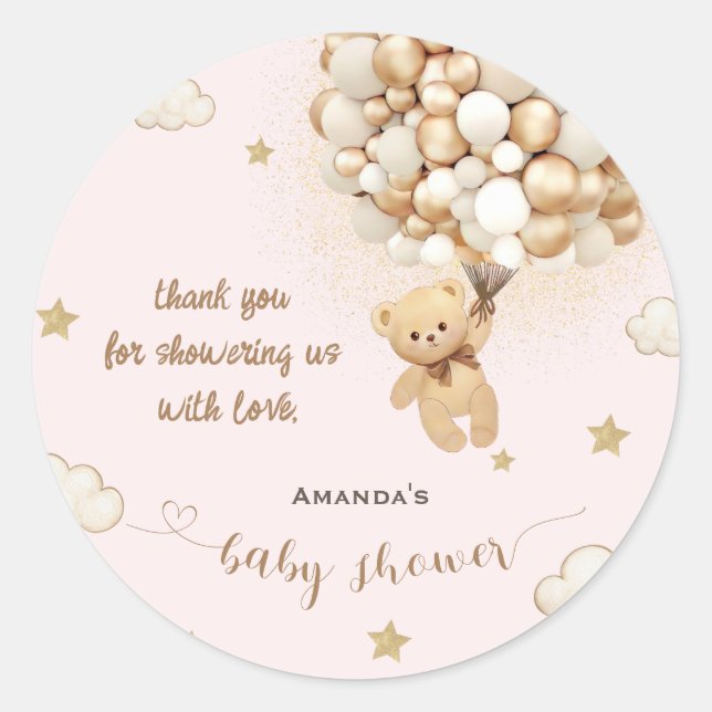 Sticker Rond Ballons Ours Rose Or Merci (Devant)