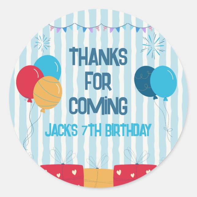 Sticker Rond Ballons rayés bleus Anniversaire garçons (Devant)