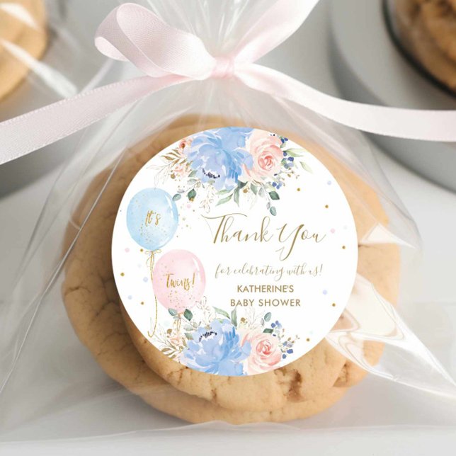 Sticker Rond Ballons rose bleu Baby shower Floral Twins (Créateur téléchargé)