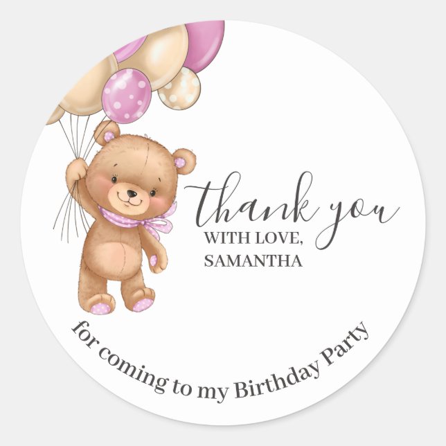 Sticker Rond Ballons ROSE Ours Teddy Anniversaire Merci (Devant)