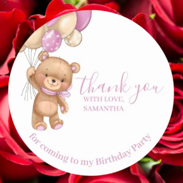 Sticker Rond Ballons ROSE Ours Teddy Joyeux Merci d'anniversair (Celebrate special moments with our Teddy Bear PINK Balloons Happy Birthday Thank You stickers.)