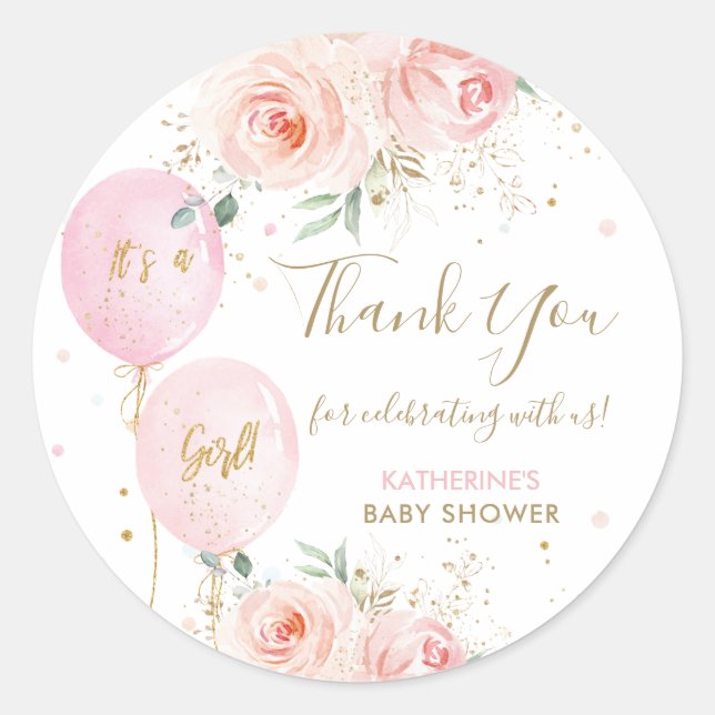 Sticker Rond Ballons roses Merci de Baby shower Floral Favor (Devant)