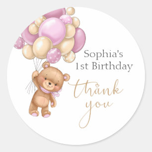 Sticker Rond Ballons roses Teddy Bear 1er anniversaire Merci