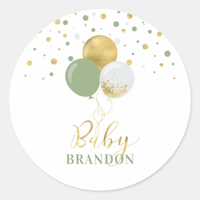 Sticker Rond Ballons verts Gold & Sage | Baby Name Party (Devant)