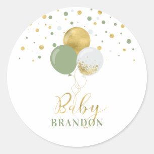 Sticker Rond Ballons verts Gold & Sage   Baby Name Party
