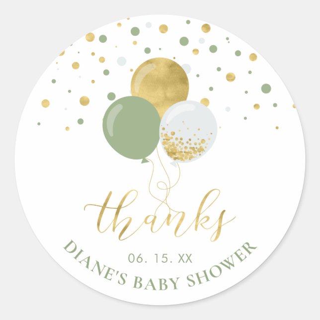 Sticker Rond Ballons verts Gold & Sage | Parti Favoriser Merci (Devant)