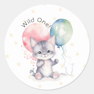 Sticker Rond Ballons Wild One Kitten 1er fête d'anniversaire