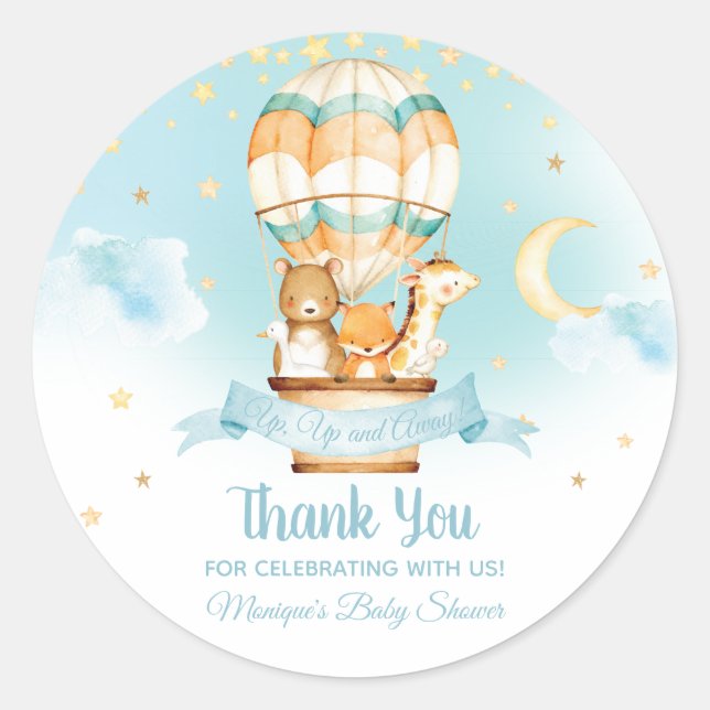 Sticker Rond Balloon à air chaud Animaux Baby shower Baby Boy F (Devant)