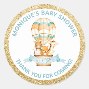 Sticker Rond Balloon à air chaud Cute Animaux Baby shower Merci