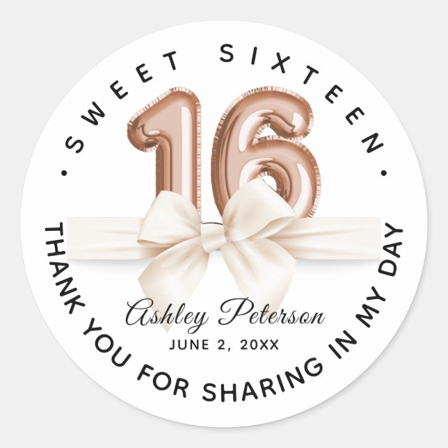 Sticker Rond Balloon de luxe Sweet 16 personnalisé (Devant)