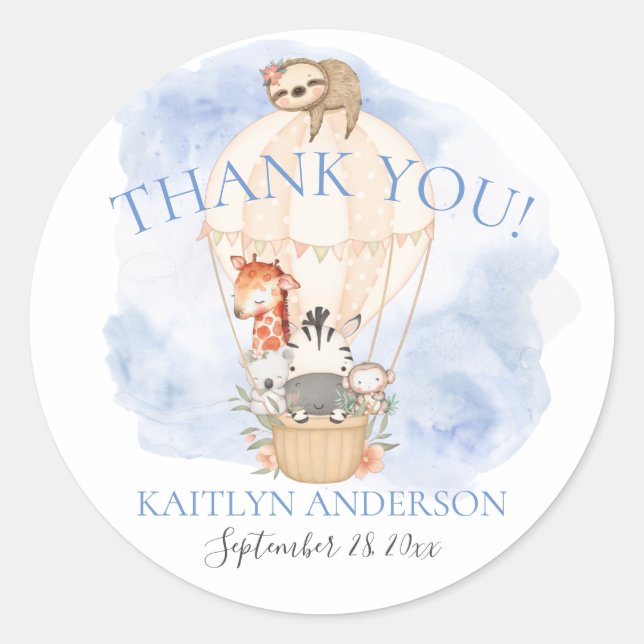 Sticker Rond Balloon Giraffe Zebra Merci Baby shower garçon (Devant)