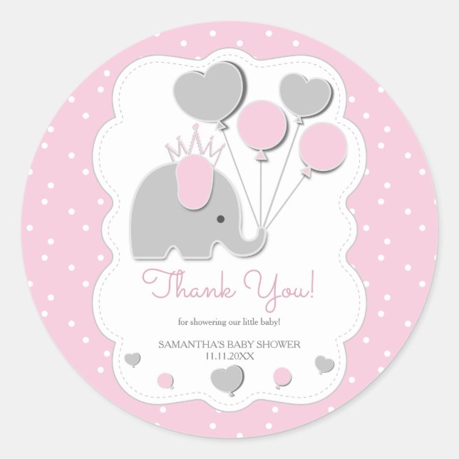 Sticker Rond Balloon Pink Elephant Baby Shower Girl (Devant)
