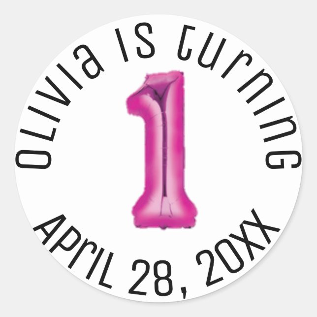 Sticker Rond Balloon rose chaud Première Fille Anniversaire Fêt (Devant)
