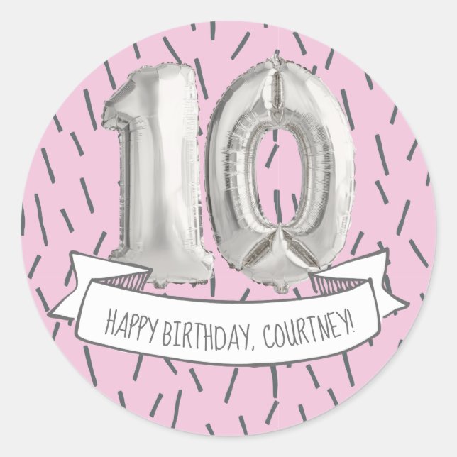 Sticker Rond Balloon rose et gris Filles 10e anniversaire (Devant)