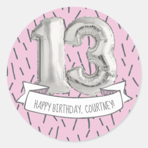 Sticker Rond Balloon rose et gris Filles 13e anniversaire
