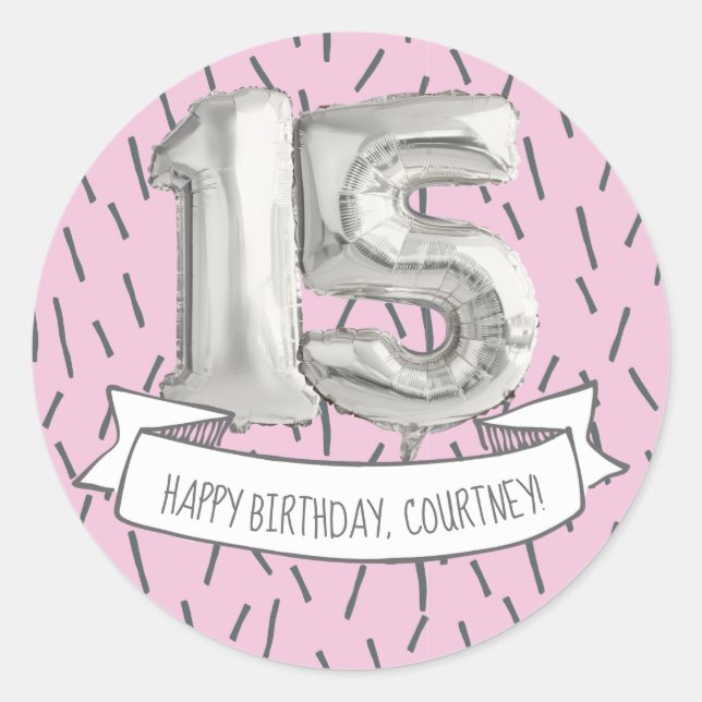 Sticker Rond Balloon rose et gris Filles 15e anniversaire (Devant)