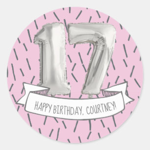 Sticker Rond Balloon rose et gris Filles 17ème anniversaire