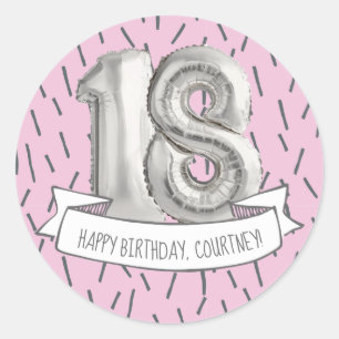 Sticker Rond Balloon rose et gris Filles 18e anniversaire