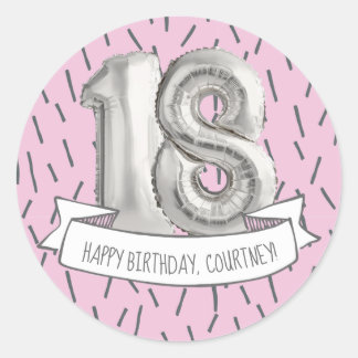 Sticker Rond Balloon rose et gris Filles 18e anniversaire