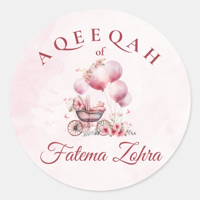 Sticker Rond Balloon rose poussette bébé fille musulmane Aqiqah (Devant)