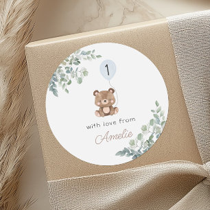Sticker Rond Balloon vert Teddy Bear Premier Anniversaire Neutr