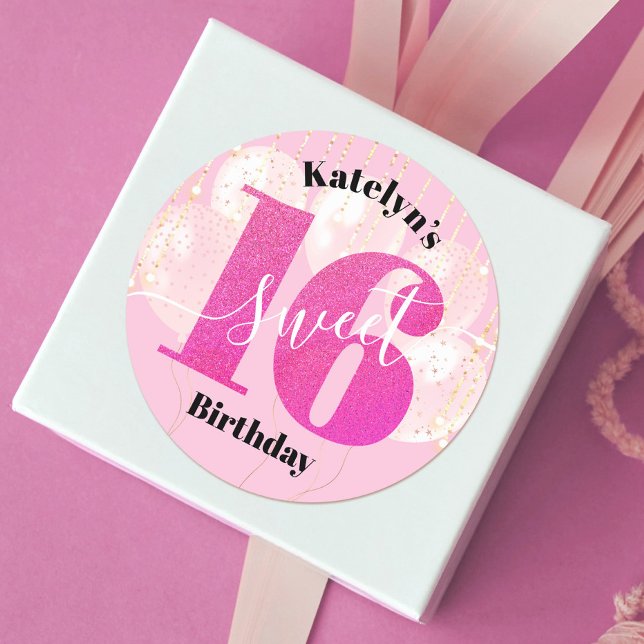 Sticker Rond Balloons Anniversaire 16 Ans Script Rose Pailleté (Créateur téléchargé)