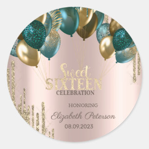 Sticker Rond Balloons Gold Glitter Drips Rose Gold Sweet 16