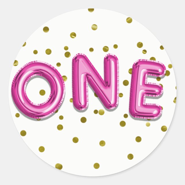 Sticker Rond Balloons Rose Chaud Points Dorés Fête d'Anniversai (Devant)