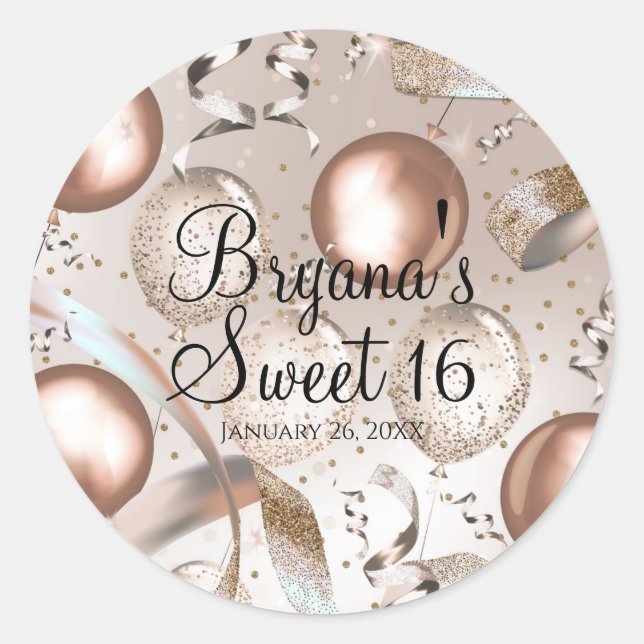 Sticker Rond Balloons Rose Gold et Paillettes Fête Sweet 16 (Devant)