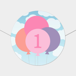 Sticker Rond Balloons rose moderne bébé fille premier anniversa