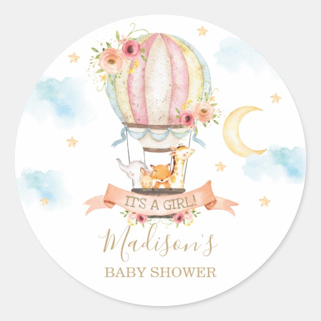 Sticker Rond Ballotte à air chaud Baby shower animal Favoriser  (Devant)