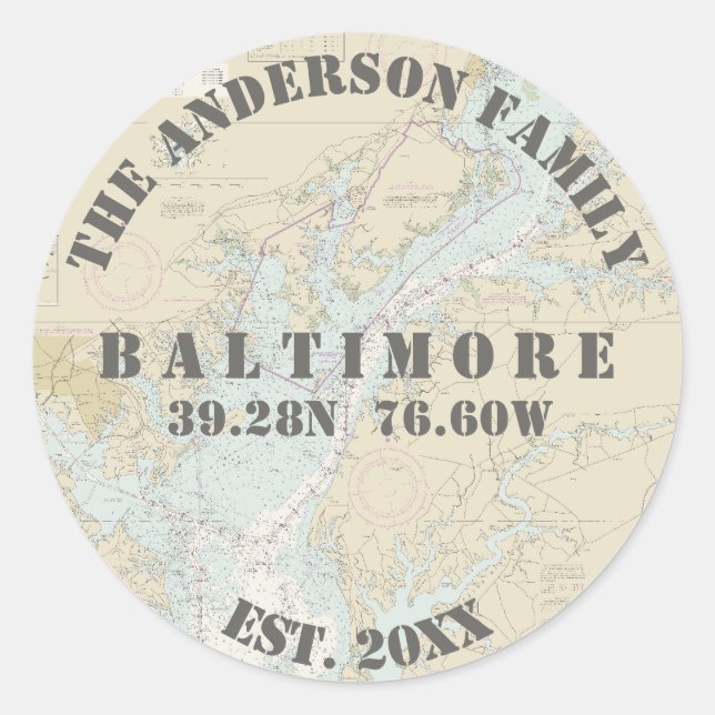 Sticker Rond Baltimore Maryland Enveloppe Nautique Phoques Bate (Devant)