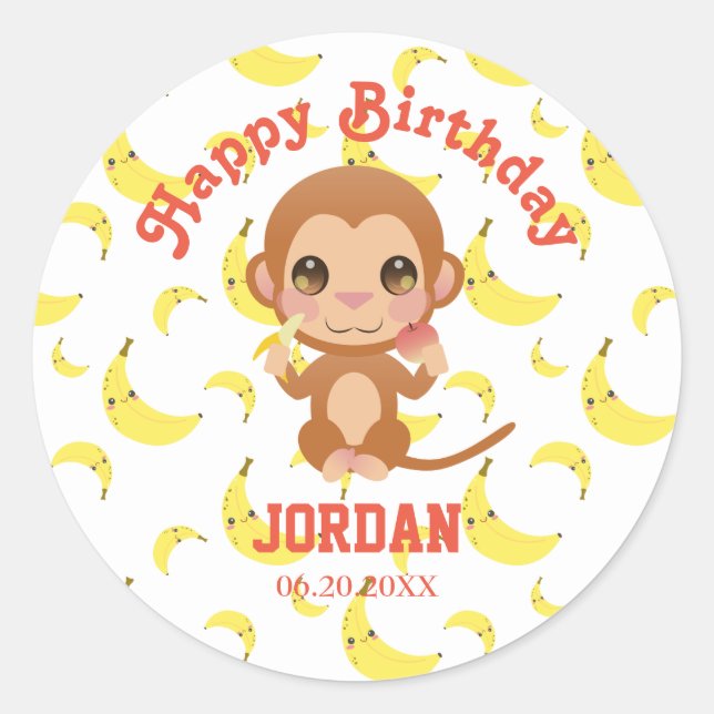Sticker Rond Banana Baby Monkey Joyeux anniversaire (Devant)