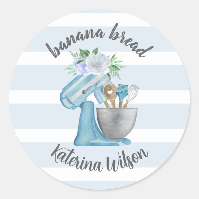 Sticker Rond Banana Bread Label Blue Flower Mixer Small Bakery (Devant)