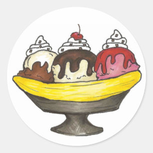 Sticker Rond Banana Split Glace Sundae Dessert Foin