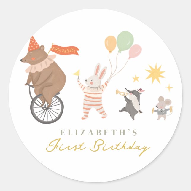 Sticker Rond Bande d'animaux mignons Premier anniversaire (Devant)