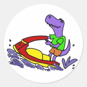 Sticker Rond Bande dessinée drôle de ski de jet de dinosaure de