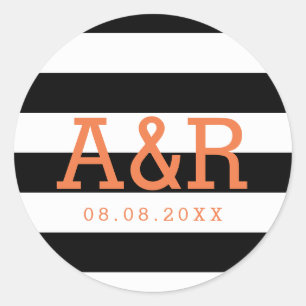 Sticker Rond Bandes noir et blanc   Monogramme orange et date