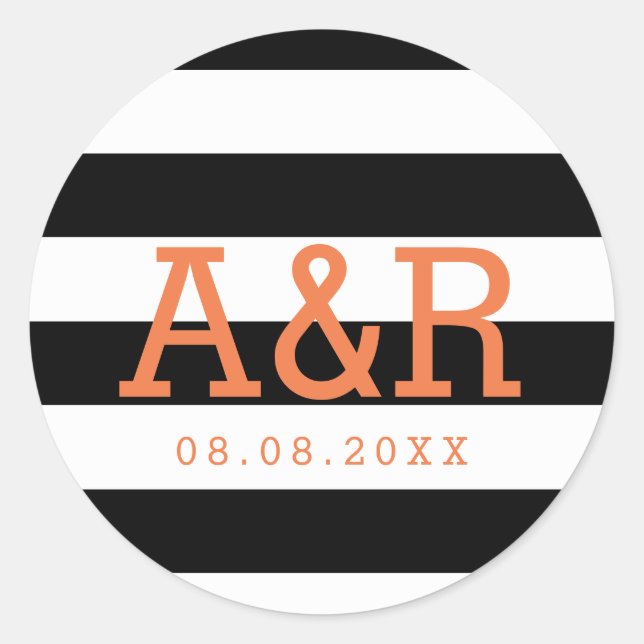 Sticker Rond Bandes noir et blanc | Monogramme orange et date (Devant)