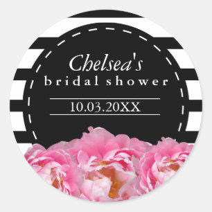 Sticker Rond Bandes noires et blanches avec fleurs roses