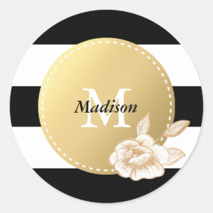 Sticker Rond Bandes noires et blanches   Rose or et monogramme