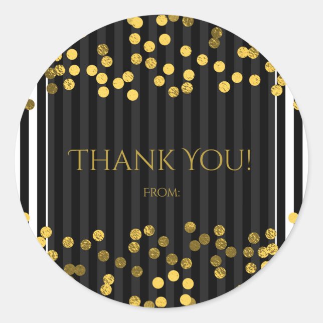 Sticker Rond Bandes Verticales Noires & Blanches Points Faux Or (Devant)