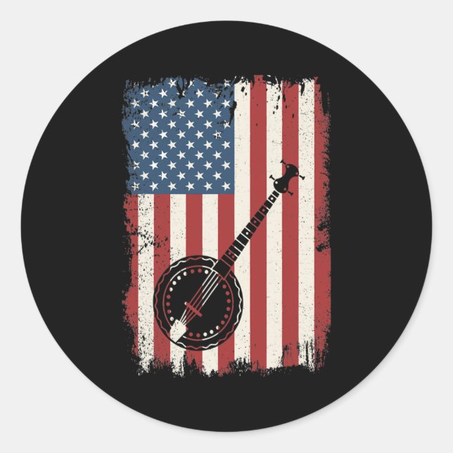 Sticker Rond Banjo American Flag Musician Bluegrass Theatre (Devant)