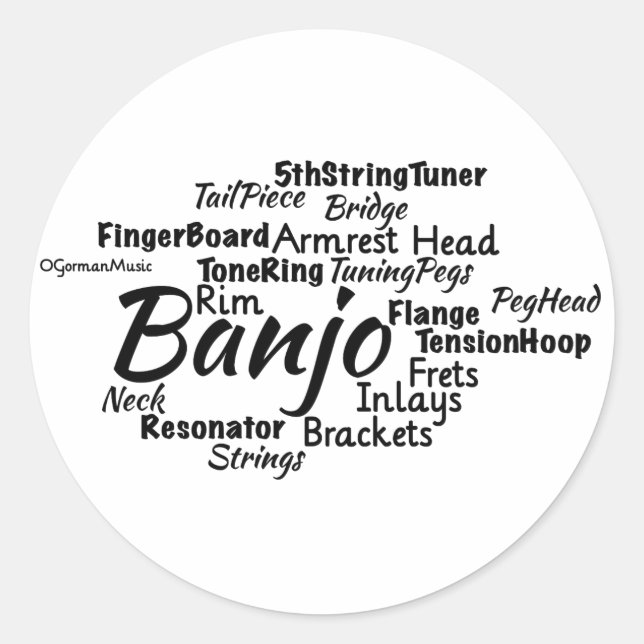 Sticker Rond Banjo Word Cloud Texte noir (Devant)